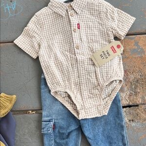 Plaid Beige Baby Romper with Denim Pants